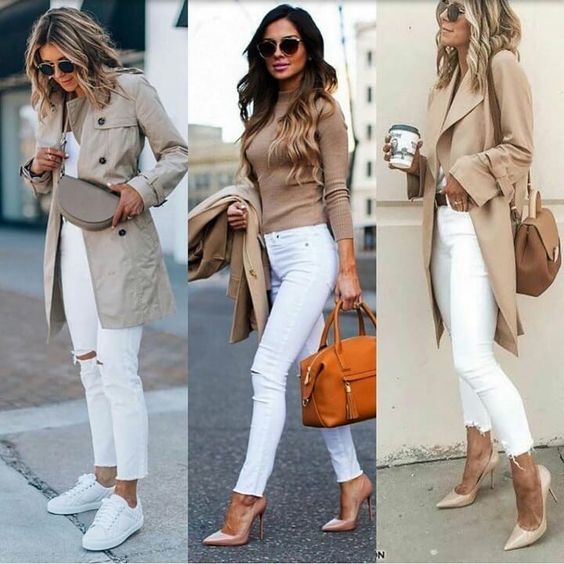 Как носить белые джинсы с бежевым пальто