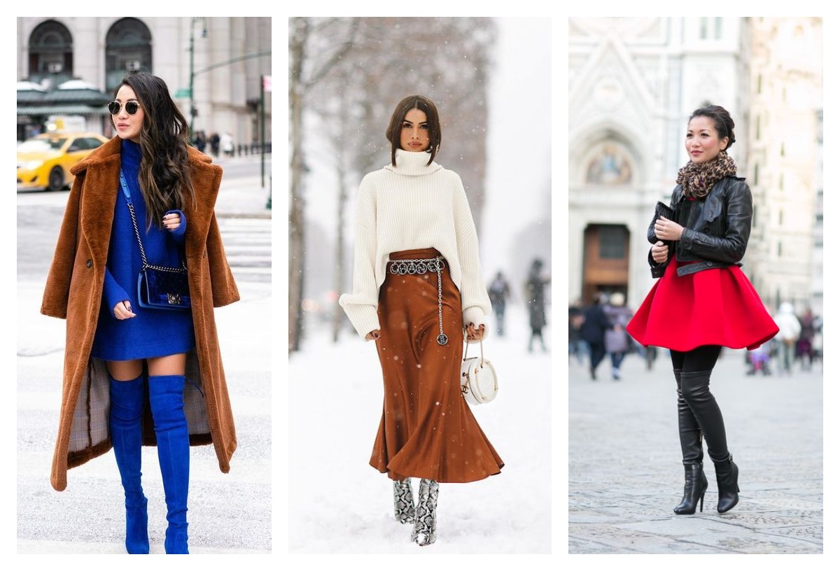 Как носить юбки зимой с высокими сапогами